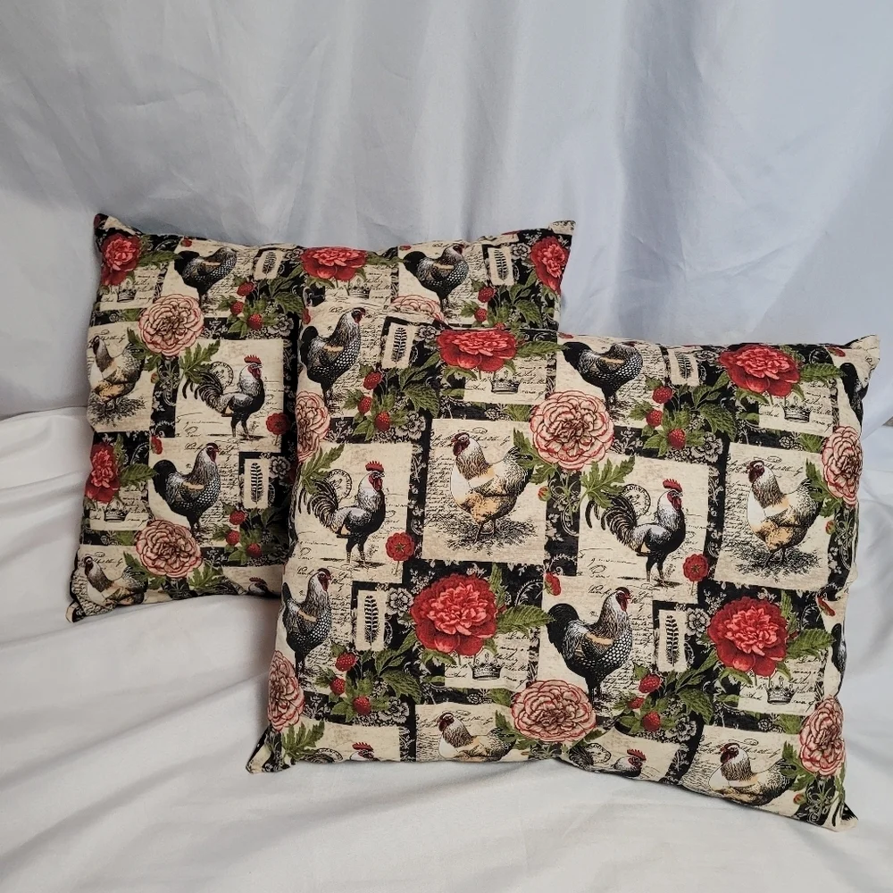 Country Chic Chicken Floral Decorative Throw Pillow Set Handmade